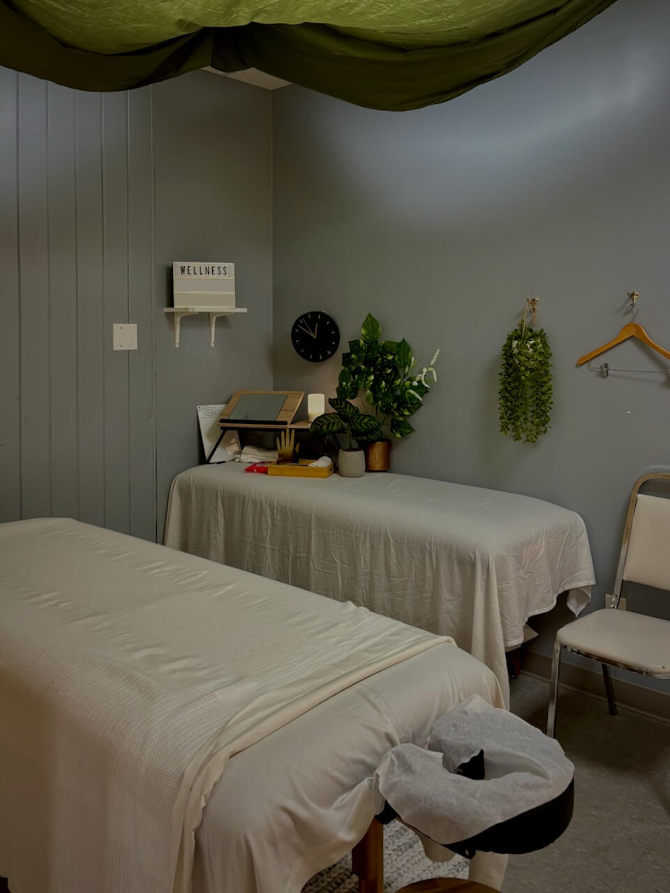 Cozy massage therapy treatment room featuring plants.